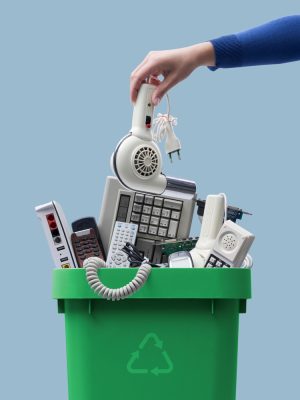 Woman,Putting,An,Old,Broken,Appliance,In,The,Trash,Bin,